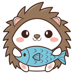 Cartoon Hedgehog Holding Blue Fish, Adorable Animal Character, Round Shape, Isolated