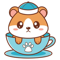 Cute Orange Hamster with Sailor Hat in Blue Cup on White Background