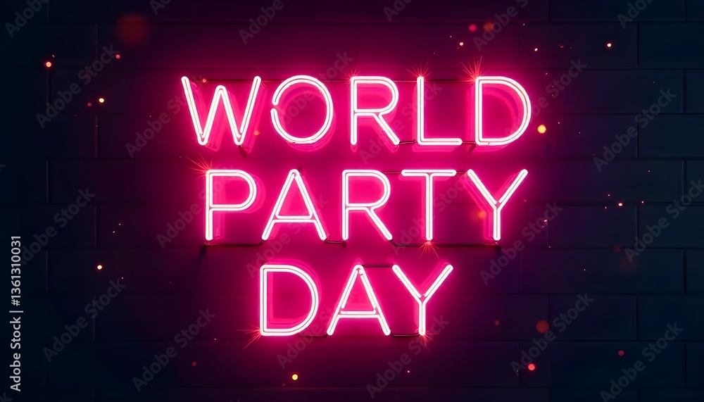 Aufkleber minimalist neon typography that says ‘world party day’ with dynamic light streaks and sparkling effe