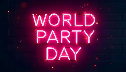 Minimalist neon typography that says ‘World Party Day’ with dynamic light streaks and sparkling effects 