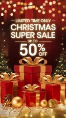 Festive Christmas Super Sale background with red and gold holiday theme featuring glowing fairy lights, elegant gift boxes golden ribbons, and bold 50 percent off discount sign for holiday promotions