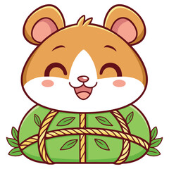 Cartoon Hamster Mascot with Happy Expression, Brown Fur, Smiling, Wrapped in Green Leaves