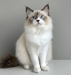 Obraz premium Ragdoll Cat Sitting and Looking Up with Blue Eyes Indoors