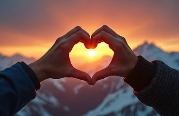 Hands form heart shape against sunset over snowy mountains. Romantic couple create heart with fingers against sunset. Lovers express love, affection. Golden sunlight illuminates moment, winter