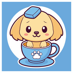 Kawaii Style, Blonde Puppy Inside Teacup with Pawprints and Hat, Blue Background