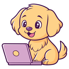 Cartoon Golden Retriever Puppy with Laptop, Cute Dog Character Illustration, Isolated