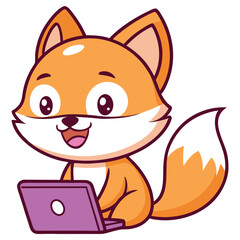 Cartoon Fox with Laptop, Orange Fur, Cute Design, Sitting Position, Playful Character