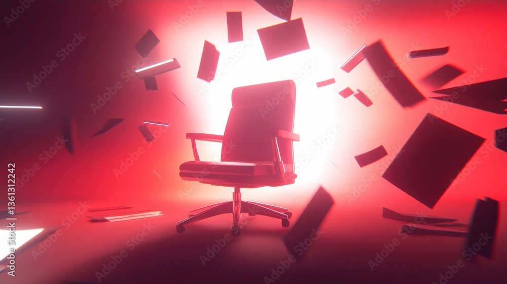 Poster red chair surrounded by floating objects in a dramatic lighting setup for innovative and dynamic vis