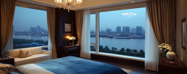 Fototapeta premium Luxurious bedroom with stunning cityscape view at dusk.