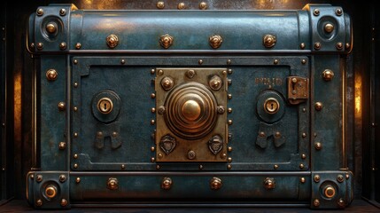 Fototapeta premium A vintage bank safe displays intricate engravings and a large brass handle. Warm lighting enhances the nostalgic atmosphere, with ample space for additional text.