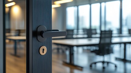 Modern Office Interior with Glass Door and Stylish Handle Reflecting in Contemporary Workspace