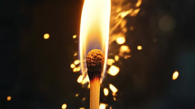 Ignition: A single match ignites, capturing the primal dance of fire and light against a blurred backdrop. The macro shot focuses on the textured head and flickering flame.