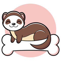 Cheerful Cartoon Ferret Relaxing on a Bone, Cute Happy Animal with Pink Background