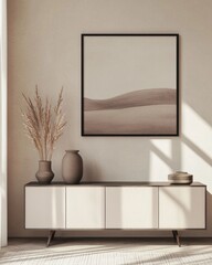Minimalist beige landscape art print above console table.