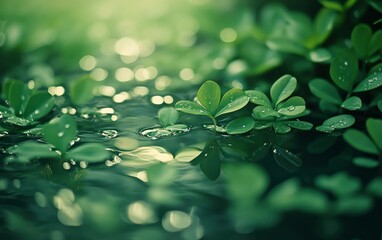 Close-up of Green Clover Leaves Floating on Water with Bokeh Light
