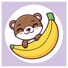 Cartoon Brown Bear Character Hugging Banana on White Circle with Purple Background