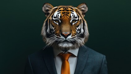 a sophisticated tiger in a tailored suit showing an intriguing blend of wilderness and corporate life against dark backdrop adding touch intrigue