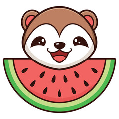 Cute Smiling Beaver with Watermelon Slice Cartoon on White Background