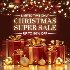 Festive Christmas Super Sale background with red and gold holiday theme featuring glowing fairy lights, elegant gift boxes golden ribbons, and bold 50 percent off discount sign for holiday promotions