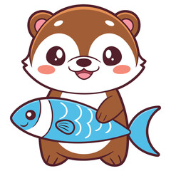 Cute Cartoon Brown Otter Character Holding a Fish with a Smiling Face on White