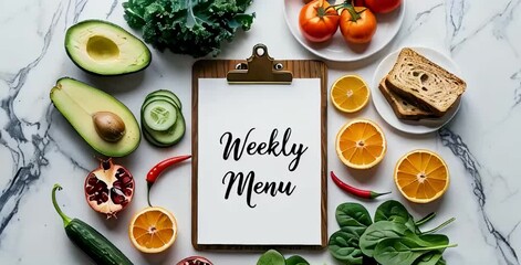 a weekly menu planner surrounded by a variety of colorful and healthy foods. The menu planner has the words "Weekly Menu" written in a stylish font