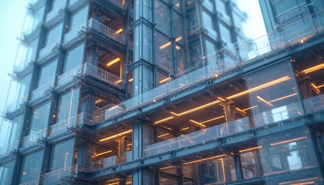 Digital construction tech with virtual blueprints, 3D models. Tech innovations in building and design with modern architectural concept. Futuristic urban city, engineering. Contemporary design.