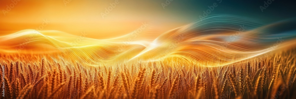 Aufkleber surreal transformation of golden wheat into glowing energy waves under a dreamy sunset sky generativ