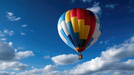 Fototapeta premium Colorful hot air balloon soaring high in a vibrant blue sky, surrounded by fluffy white clouds