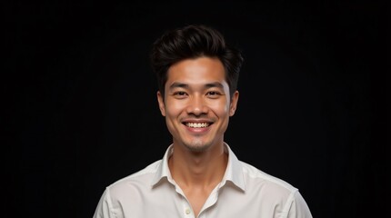 Fototapeta premium A radiant smile lights up his face, a genuine expression of joy and contentment. His dark hair is neatly styled, complementing his crisp white shirt against a stark black background.