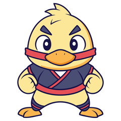 Cute Yellow Chick Cartoon Character with Ninja Outfit and Red Belt, On White Background