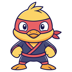 Adorable Yellow Bird Cartoon Character Dressed Up As Ninja, White Background Isolated