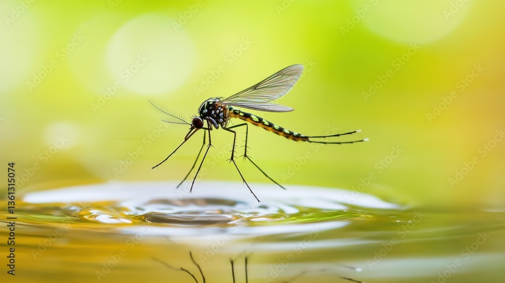 Aufkleber detailed close-up of a mosquito on water surface with a soft green and yellow background blurring in