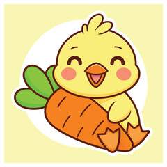 Cute Kawaii Style Yellow Chick Holding Big Carrot, Cartoon Illustration, Happy Face