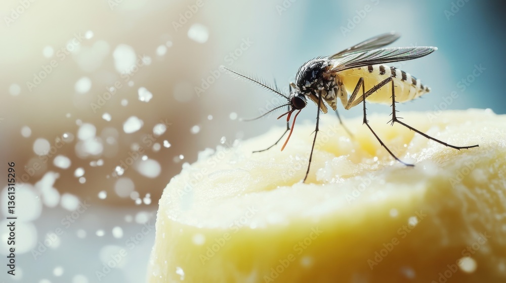 Poster close-up of a mosquito on a slice of fresh fruit with soft focus background and sparkling droplets o