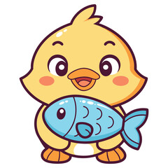 Cartoon Yellow Chick Holding a Blue Fish, Cute Design, Playful Style, Isolated Design