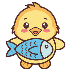 Adorable Yellow Chick Holding a Cute Blue Fish, CartoonStyle Illustration, Isolated