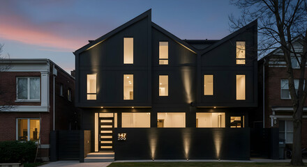 Modern Exterior Of Townhouse At Dusk