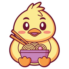 Cute Yellow Cartoon Chick Character Holding Bowl of Noodles with Chopsticks