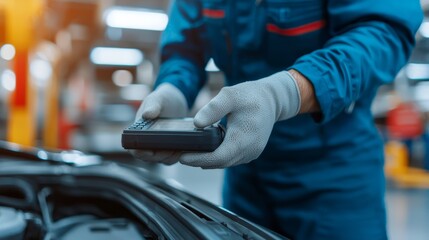 Automotive diagnostics technician garage workshop action photography industrial environment close-up view technology integration