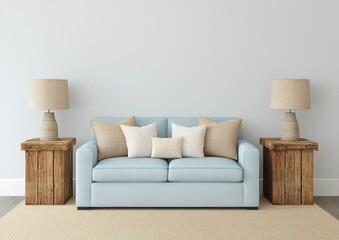 Cozy Living Room with Light Blue Sofa and Rustic Side Tables