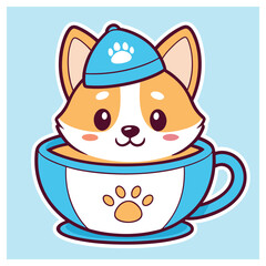 Cartoon Dog In Cup, Cute Puppy Wearing Cap With Paw Prints, Light Blue Background