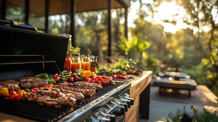 This modern backyard barbecue setup showcases a sleek and modern grill design alongside fresh ingredients, perfect for summer entertaining