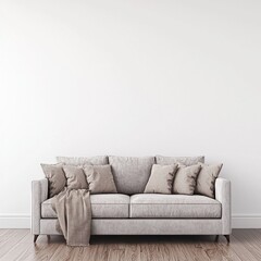 Modern Minimalist Sofa with Cozy Pillows and Soft Blanket in Interior