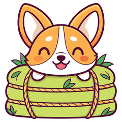 Cartoon Corgi Dog Character Smiling Embracing Green Rice Dumpling Isolated on White