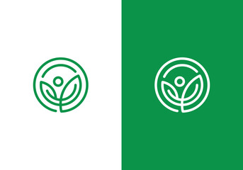 nature logo vector design line art green leaf and human or person inside circle, abstract leaf and human logo symbol inside circle © zulfan