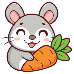 Smiling Gray Mouse Holding an Orange Carrot with Green Leaves Cartoon