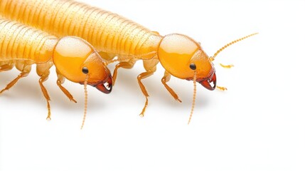 Close-Up View of Two Termites on White Background Showcasing Intricate Details of Their Bodies and Antennae with Natural Coloring and Texture