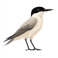 Detailed Illustration of a Elegant Bird with Black Cap and Light Feathering, Perched on a Simple Background