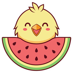 Obraz premium Smiling Cartoon Chick Eating Watermelon Slice. Happy Animal. Isolated on White