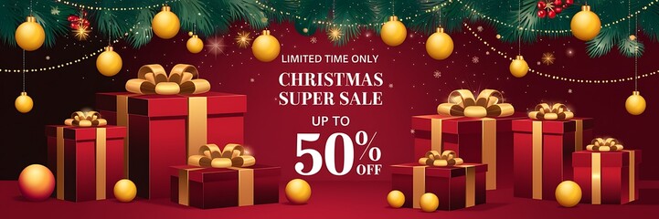 Festive Christmas Super Sale background with red and gold holiday theme featuring glowing fairy lights, elegant gift boxes golden ribbons, and bold 50 percent off discount sign for holiday promotions